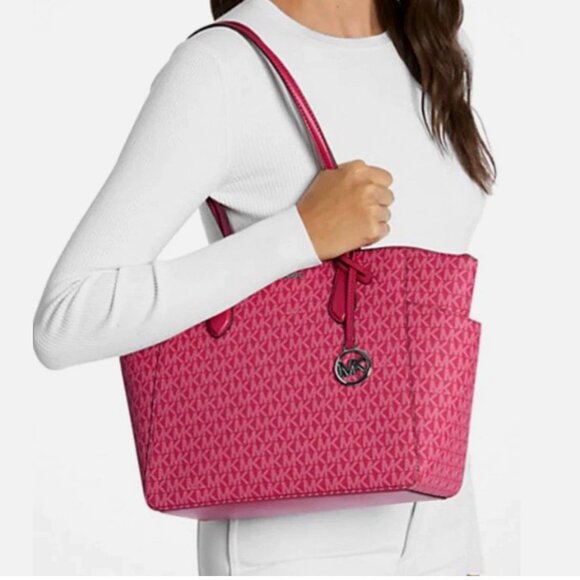 New Michael Kors Marilyn Medium Signature Logo Tote Bag Dark Raspberry Multi - Picture 2 of 4